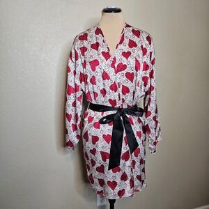 VTG 100% SILK Victoria's Secret Gold Label Silk Heart Print Robe Red White Black